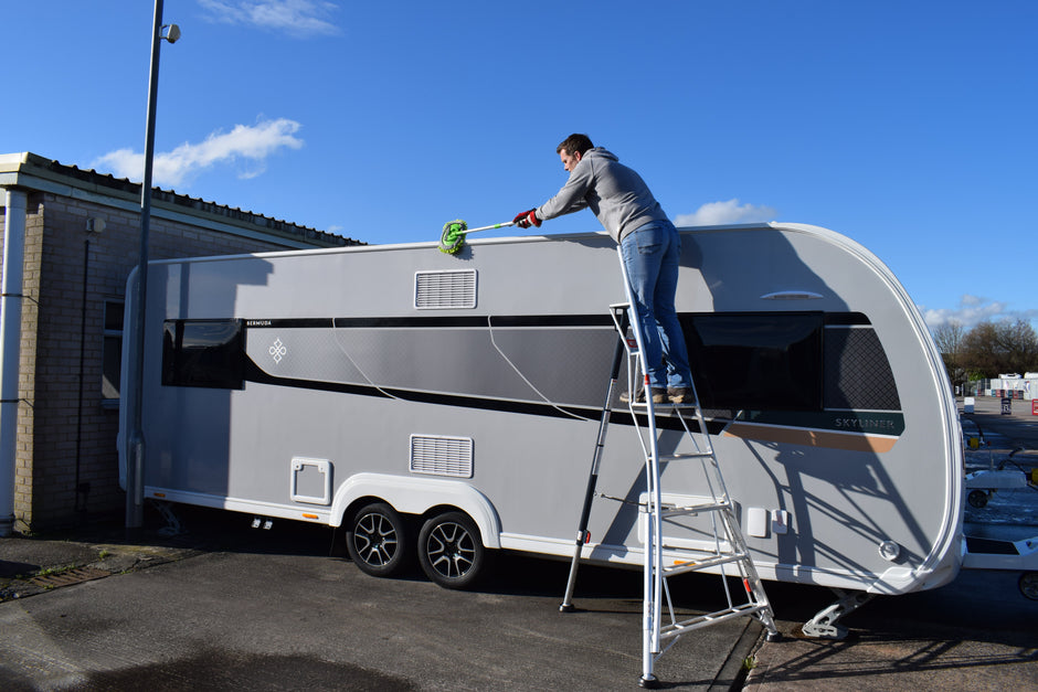 Cleaning Your Caravan the Safe Way with a Henchman Tripod Ladder