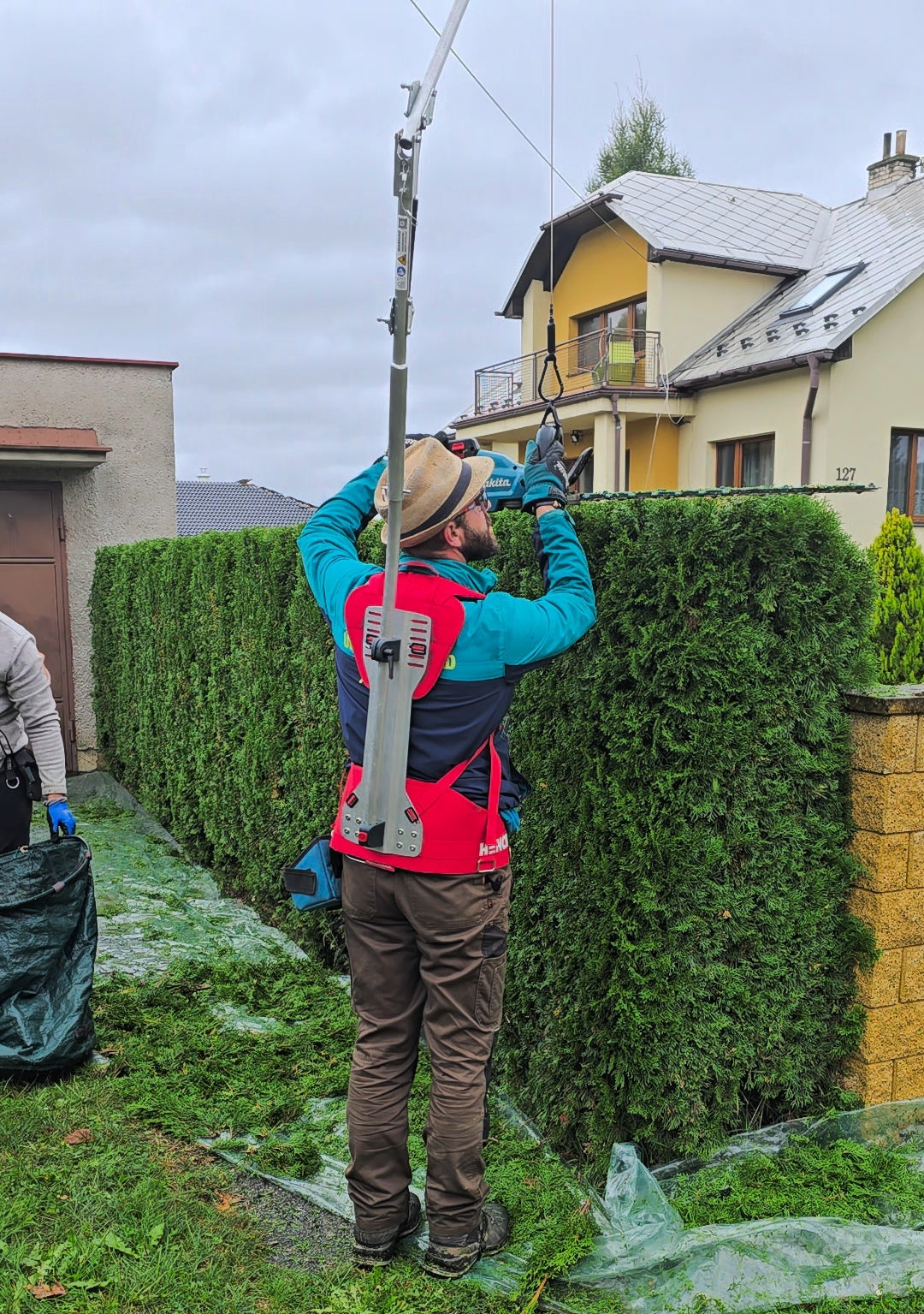 Person trimming a hedge using a power tool in a residential area.